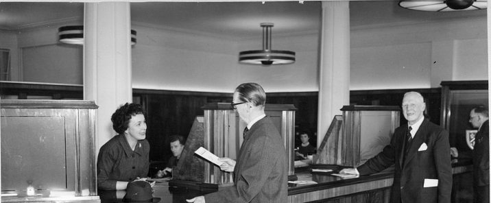 black and white old bank interior