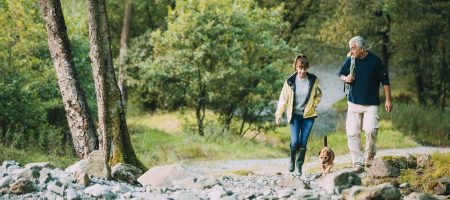 man and woman walking dog in forest