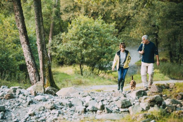 man and woman walking dog in forest