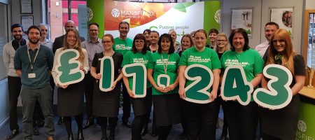 Macmillan staff holding money signs