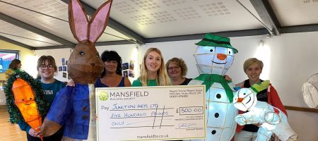 Women holding bunny and snowman lanterns with large cheque