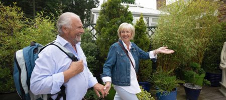 Elderly couple walking in garden