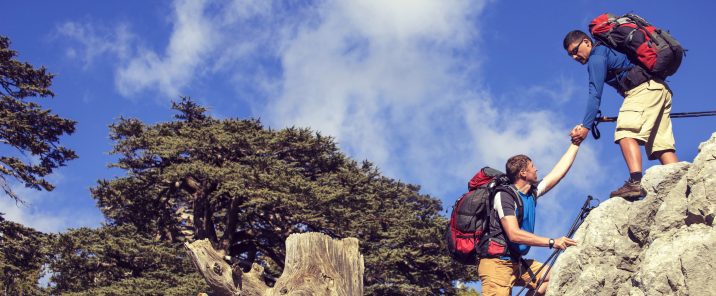 Two men rock climbing blue sky and trees